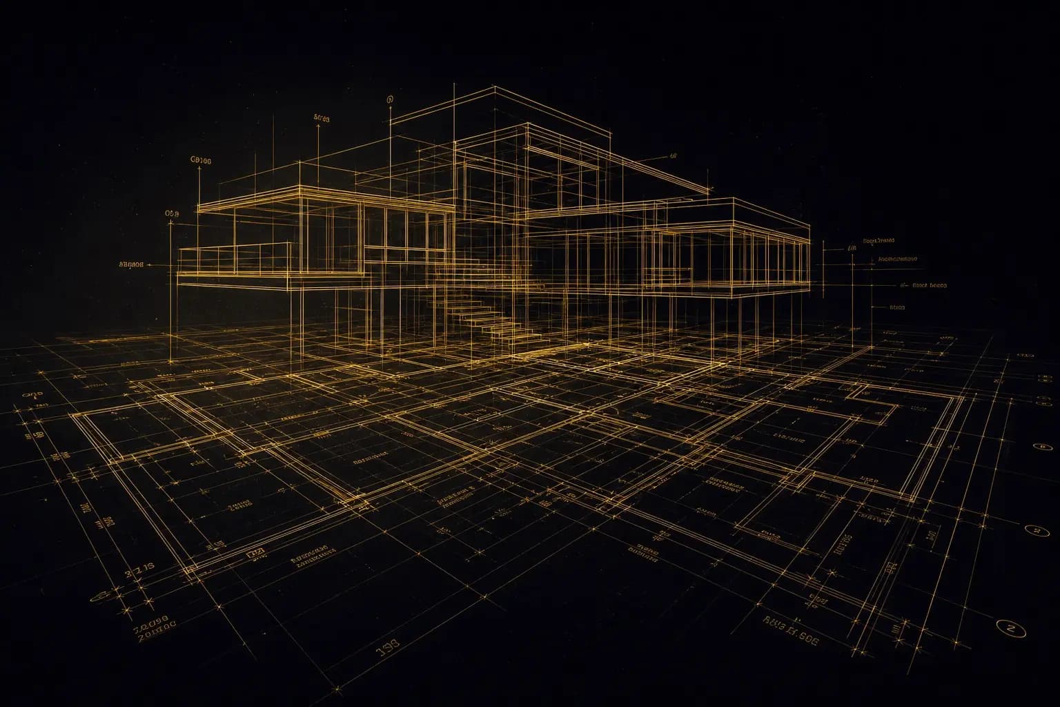 Golden wireframe blueprint glowing in darkness