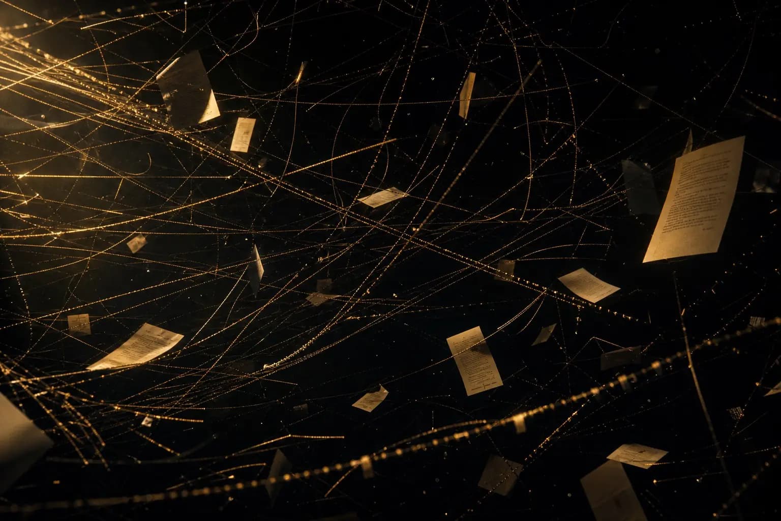 Tangled golden threads and scattered documents in darkness