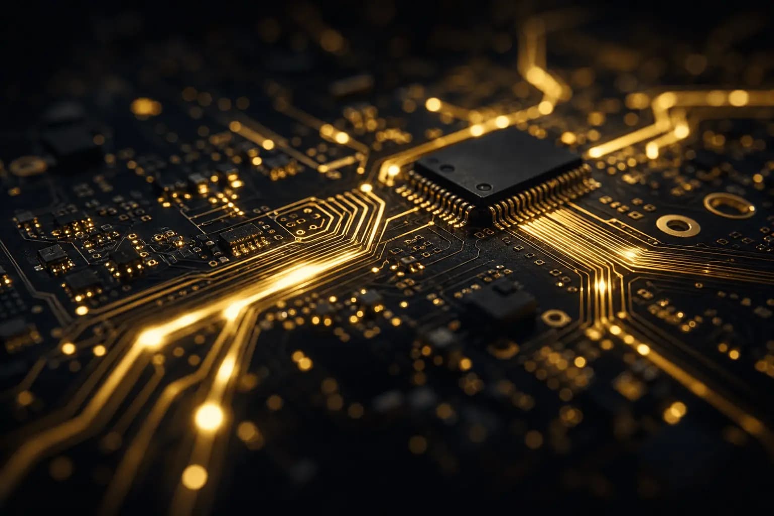Macro view of gold light flowing through a dark circuit board