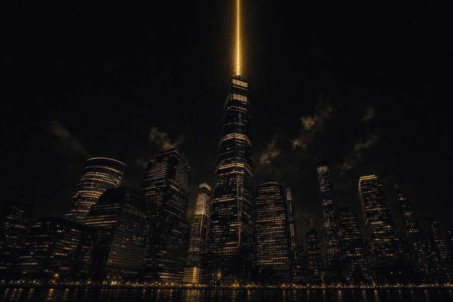 Night skyline with a beam of golden light rising from the tallest tower